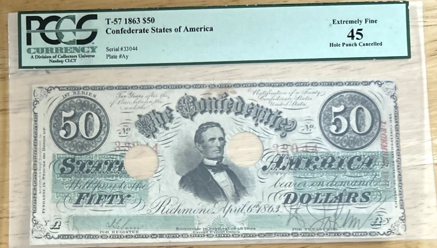 T-57 $50 1863 Confederate States Civil War Currency PCGS Extremely Fine 45 - Image 2 of 4