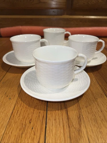 Set Of 4 Wedgwood Bone China Nantucket Coffee Cups, Saucers, White Basket Weave