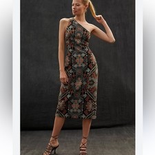 Anthropologie textured One Shoulder Cocktail Dress in Brown and Orange