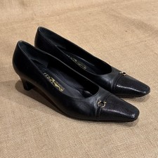 VTG Salvatore Ferragamo Shoes Womens 8.5 Black Lizard Leather Cap Toe Heel Italy