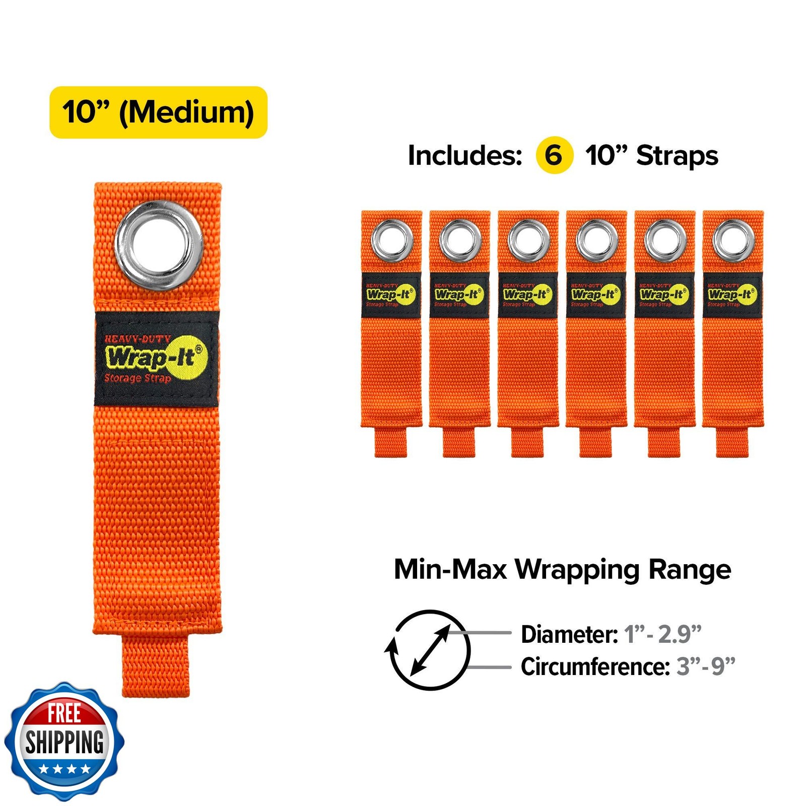 Heavy-Duty Wrap-It Storage Straps - 10-inch (6-Pack) Blaze Orange - Garage Or