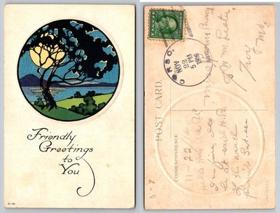 1916 Art Nouveau Friendly Greetings Moon Tree Lake Postcard Troy MO Postmarked