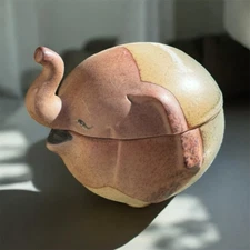 VTG Mid century Elephant  Japan UCTCI Ashtray Sugar Bowl Good Luck Trunk Stone