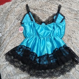Vtg NOS 80s Symmetry Fashions Blue Satin Lace Lingerie Babydoll Camisole M