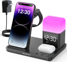 Wireless Charging Station Alarm Clock with 8 Touch Night Lights: 5 in 1 Charger