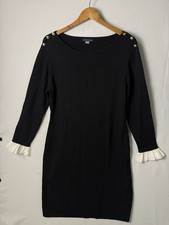Tommy Hilfiger Black Dress with White Ruffle Cuffs Large Knit Stretch Classic