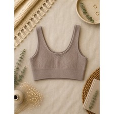 Aerie Women’s Seamless Ribbed Sports Bra Tan Scoop Neck Longline Athleisure SZ M