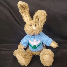 VTG Hugfun Bunny Rabbit Plush Tan 9” Jointed Stuffed Animal Blue Tulip Sweater 