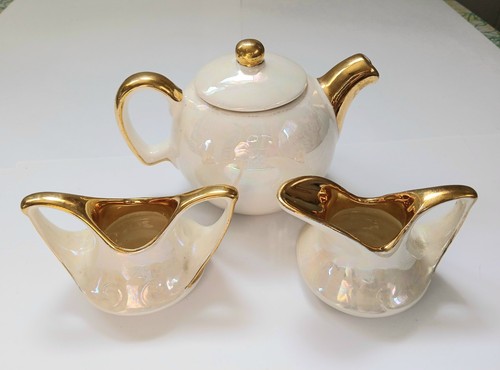 Lusterware Tea set with Tea Pot, Cream Pitcher and Sugar Bowl Opalescent & GoldA
