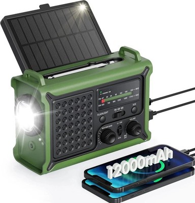 Emergency Weather Radio - Solar & Hand Crank, 12000mAh Battery, NOAA, LED Flashl