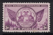 Scott 775- Michigan State Seal, 100 Years- MNH 3c 1935- unused mint stamp