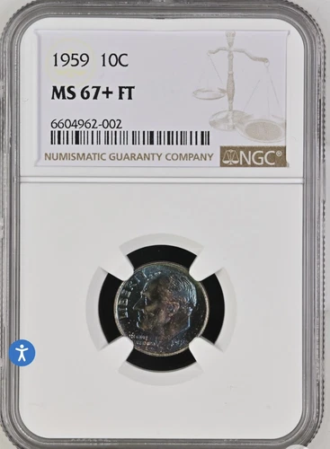 1959 Roosevelt Dime NGC 10c MS67+ FT TONED Beautiful Blue Obverse And Reverse