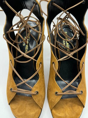 YSL Saint Laurent Paris Cassandre Suede Tan Brown Camel Lace Up