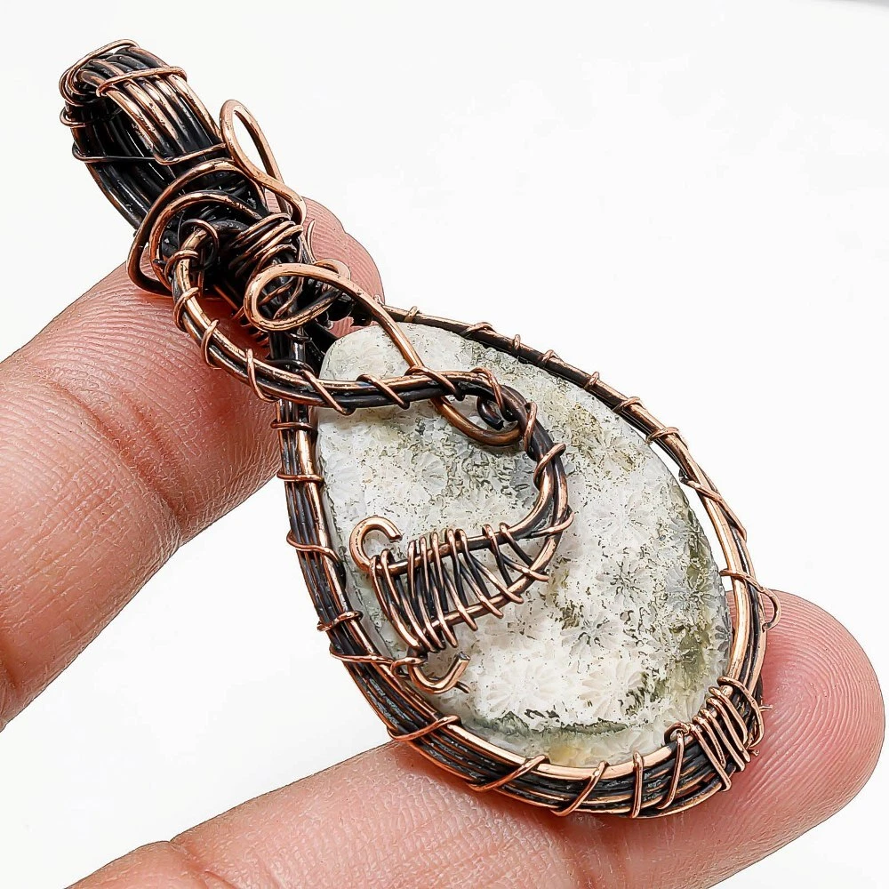 VETEMENTS Ciondolo pietra preziosa corallo fossile fatto a mano filo etnico avvolgente rame gioielli 2 6" w362