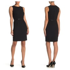 CALVIN KLEIN Belted Stealth Dress Sz 8 Petite 8P Black NWT Little LBD Work S1