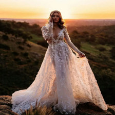 Floral Chic Boho Wedding Dresses Long Sleeve A Line High V Neck Lace Appliqued