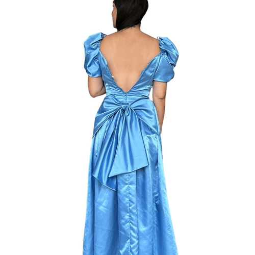 Vintage 70s 80s Blue Victorian Bubblegum Prom Dress Puff Sleeve Size 4 Satin - Picture 3 of 9