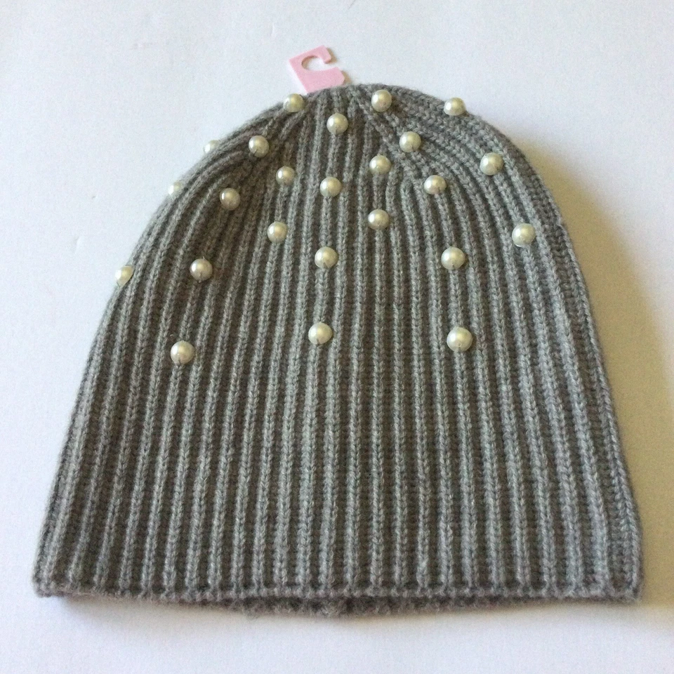 KATE SPADE ACRYLIC AND WOOL  KNIT BEANIE WITH FAUX PEARLS GRAY  OS NWOT - Image 2 of 4