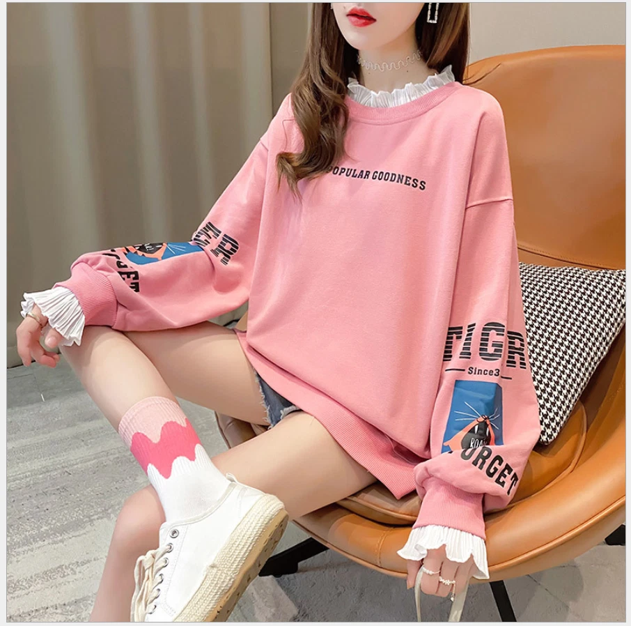 Women Girls Korean T shirt Spring Fall Long Sleeve Loose Fashion Lace Tops