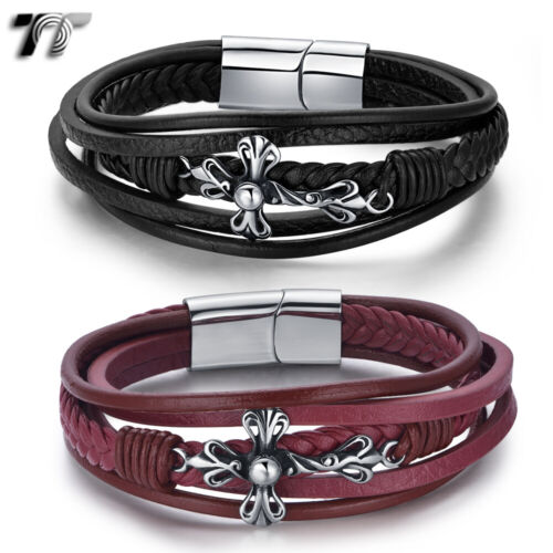 TT Black/Red Leather 316L S.Steel Cross Bracelet Wristband (BR300) NEW - Picture 1 of 3