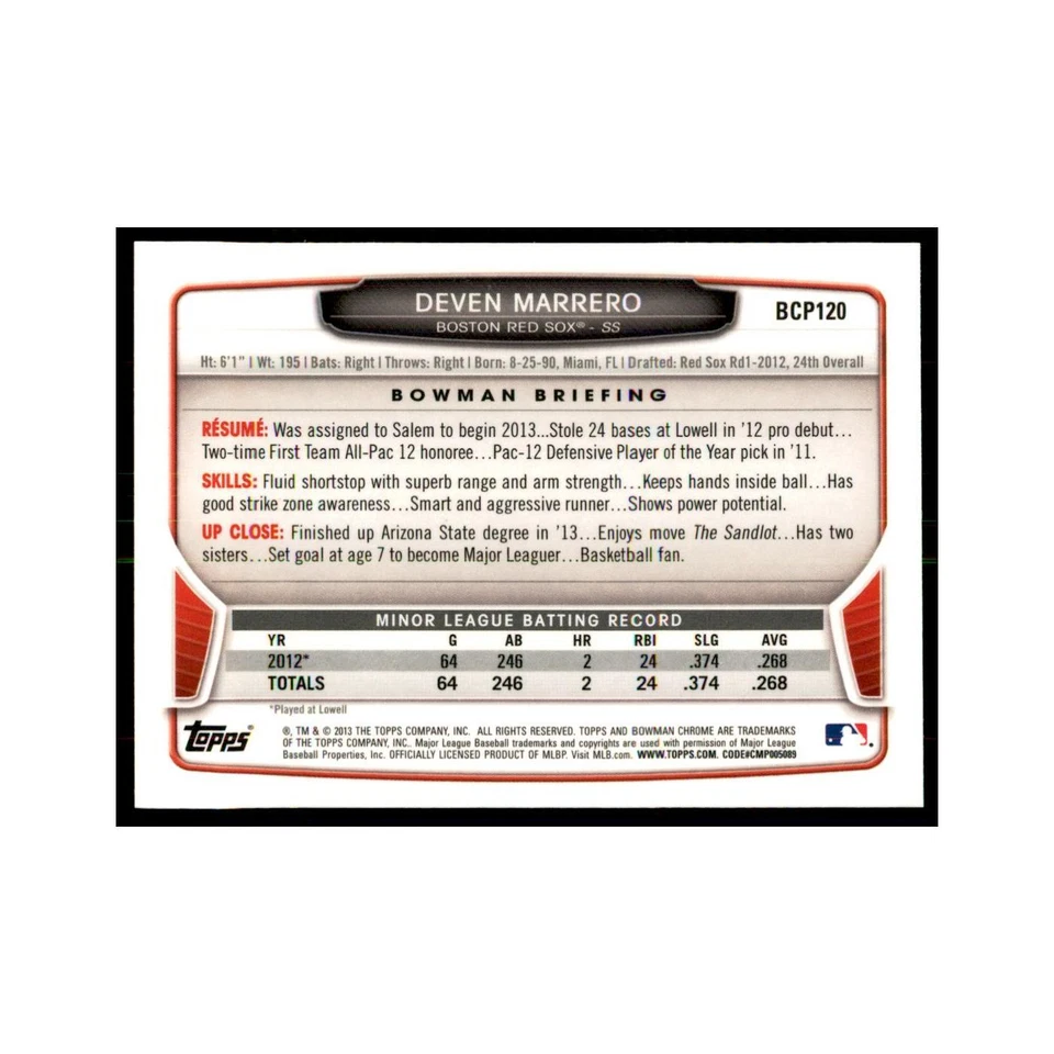 Deven Marrero 2013 Bowman Chrome #BCP120 Baseball Cards Baseball Card NM - Image 2 of 3