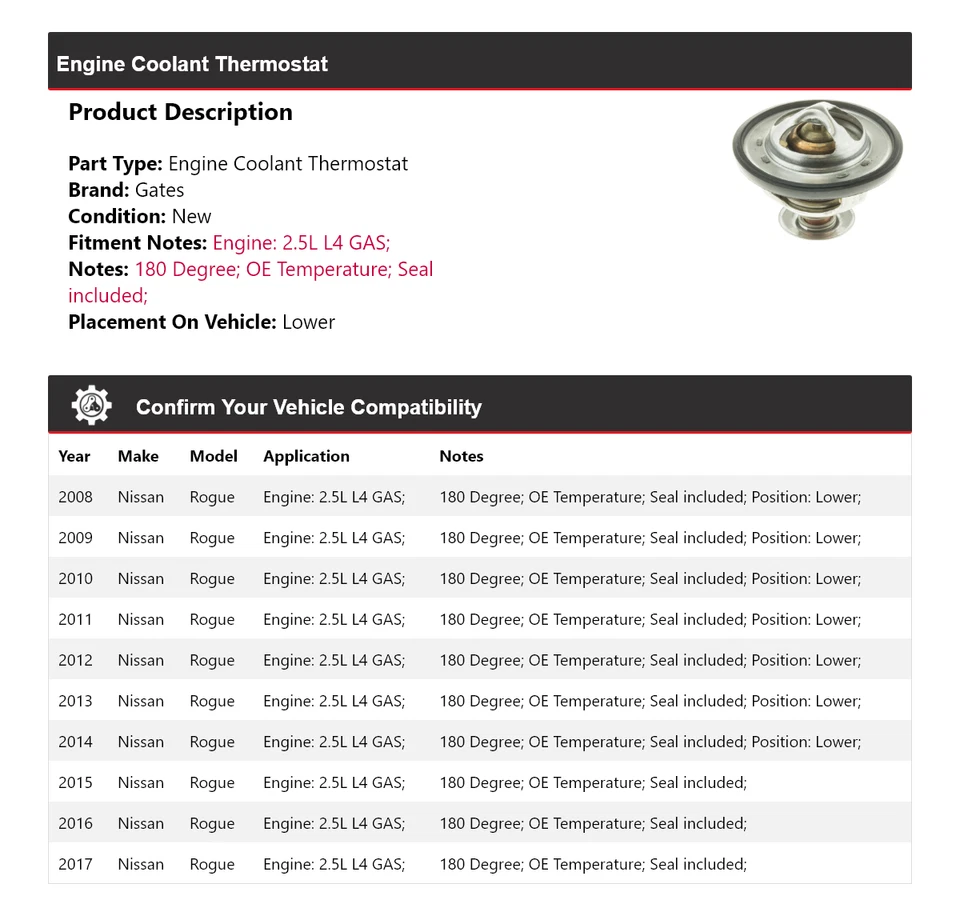 Para Nissan Rogue 2008-2017 2,5 L L4 motor gas refrigerante termostato puertas 2009 2010 Foto 2 de 4