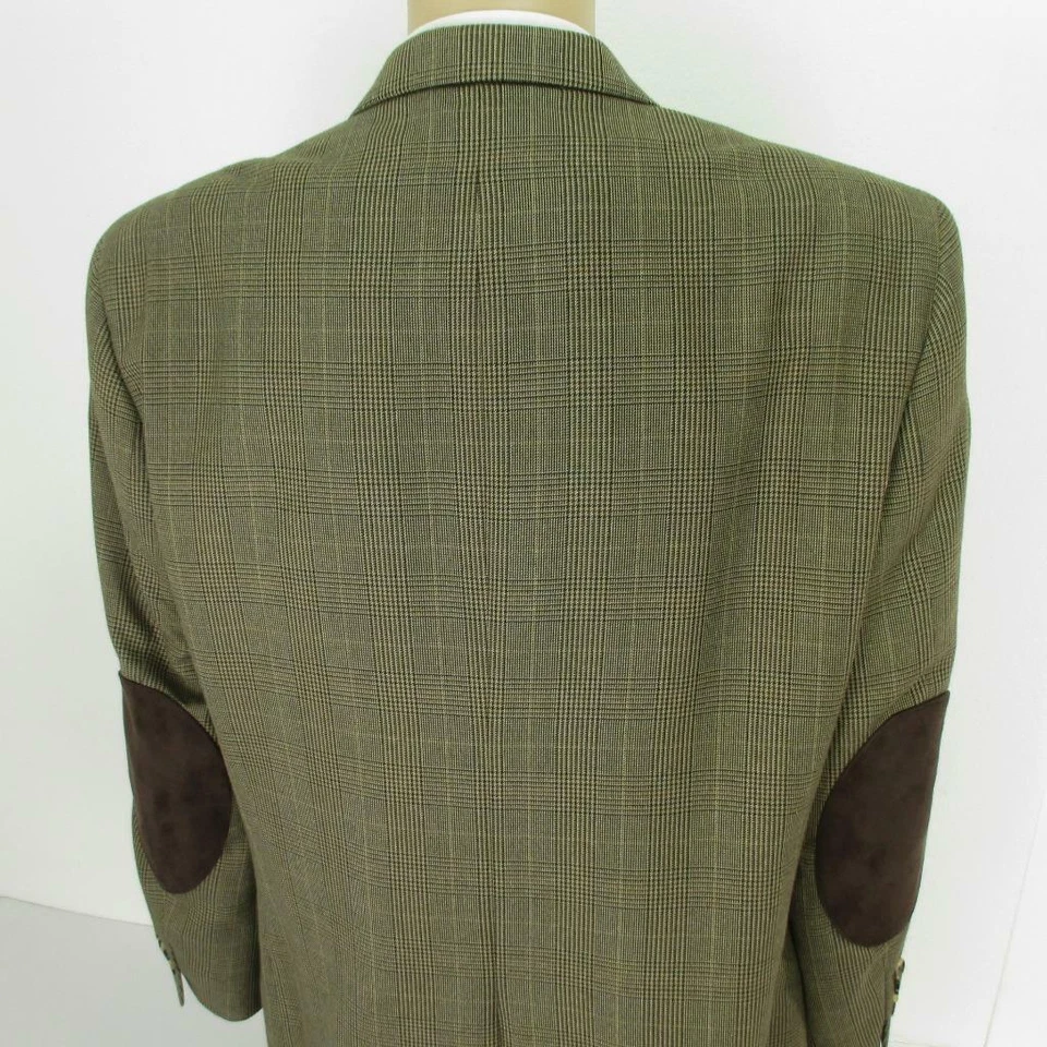 46 L Club Room Beige Plaid Leather Elbows 2Bt Mens Jacket Sport Coat Blazer Mint