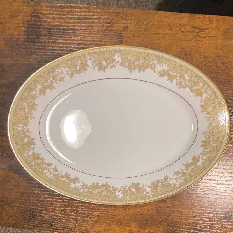 Noritake Lucerne 6880 Oval Porcelain Platter White Gold Green Floral Japan