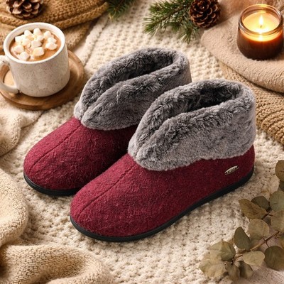 Acorn Wool Slipper Booties Faux Fur Cuff Cozy Chalet Cabin Core Comfort Shoes