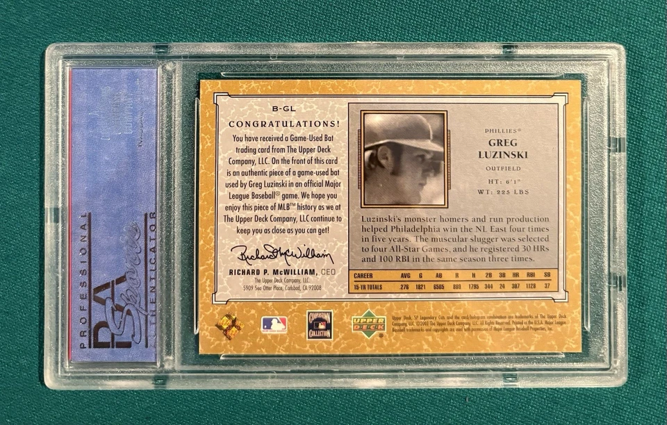 2001 SP Legendary Cuts Greg Luzinski Debut Bat Card PSA 8 NM-MT Phillies - Image 2 of 2