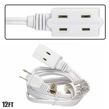 12FT 3 Outlet 2-Prong AC Power Extension Cord Cable 16AWG 13A 125V White