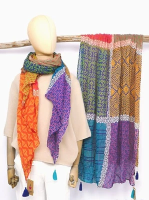 Sarah & Sally Damenschal Tuch Baumwolle 100x180cm mehrfarbig Quasten Blockprint