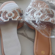 Slip-On Flat Sandals Beige Silver Brown Rhinestone Women's Summer Casual