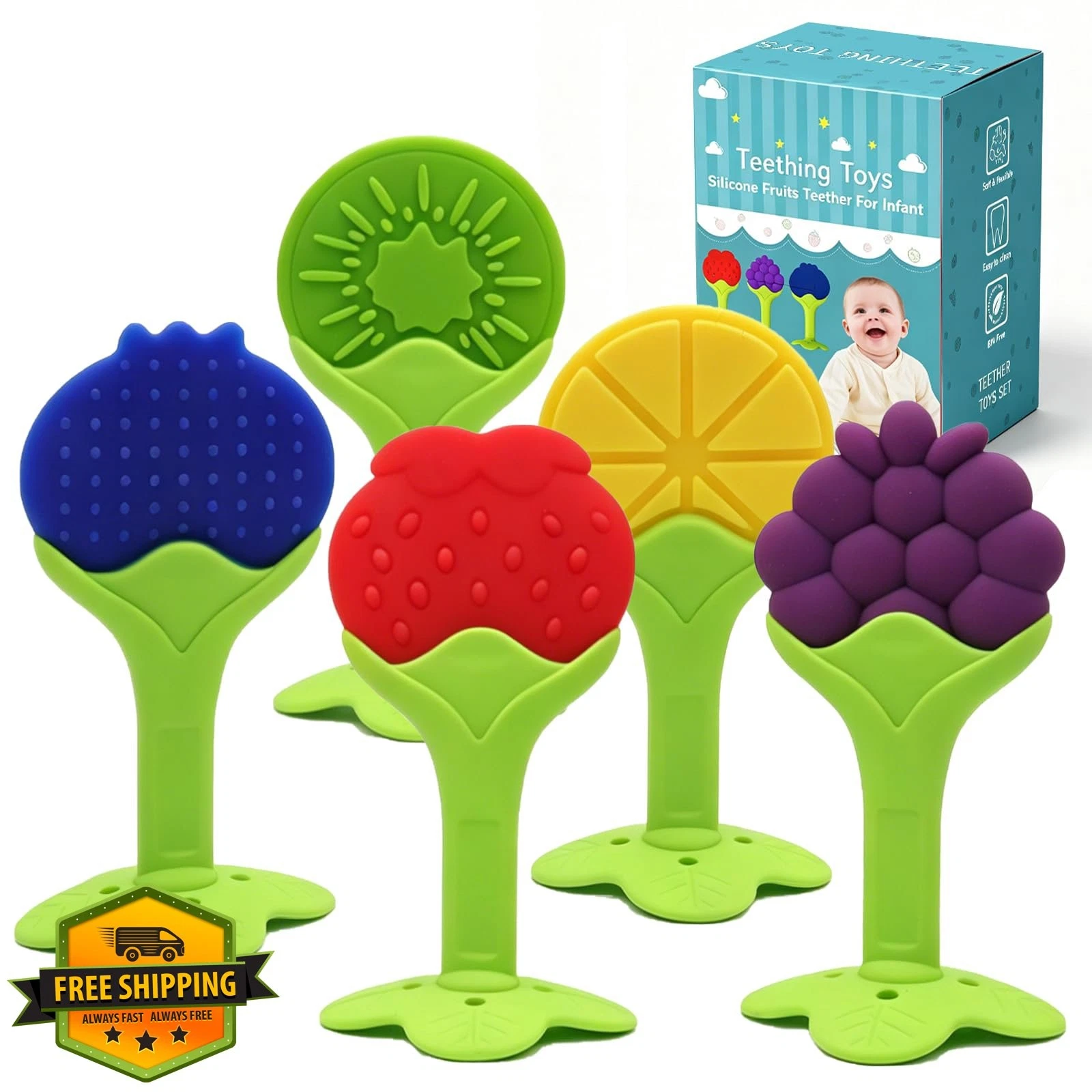UPSIME Baby Teething Toys 5 Pack Fruit Shapes