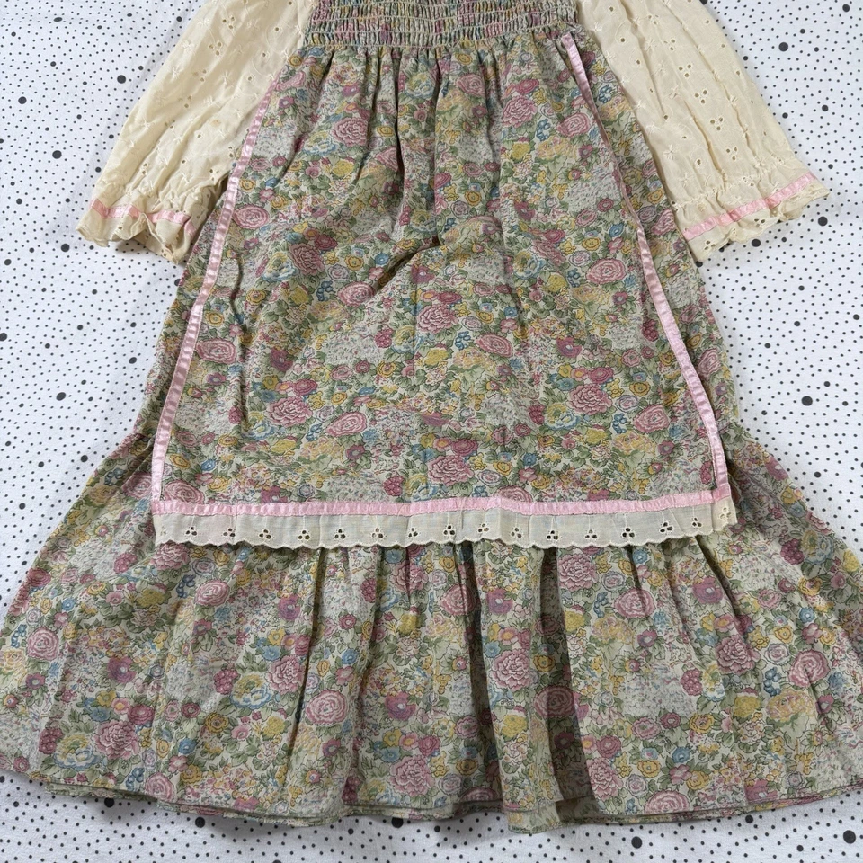 Vestido Vintage Años 70 Little Star Prairie Niña 4T Beige Rosa Floral Manga Larga Foto 2 de 4