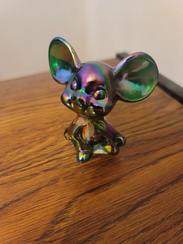 Vtg Fenton Mouse Blue Cobalt Carnival Purple Iridescent Figurine  signed