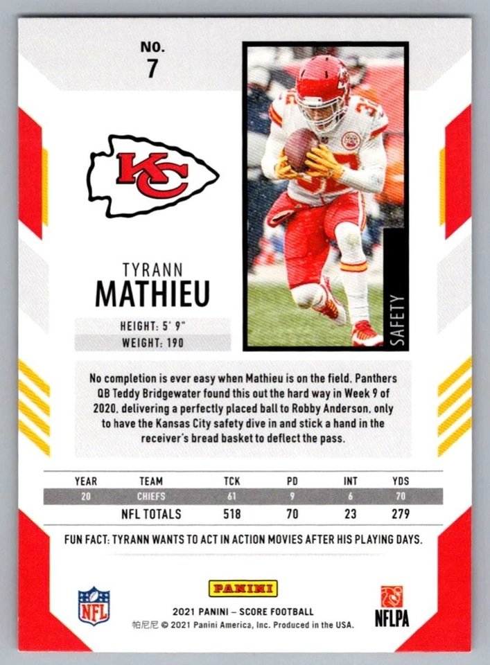 2021 Score Red Tyrann Mathieu Kansas City Chiefs #7 - Image 2 of 2