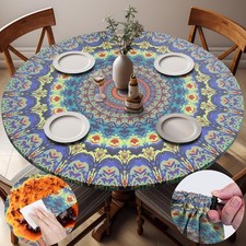 Fitted Waterproof Round Tablecloth Small Mandala Patio Table Cloths for 36-44...