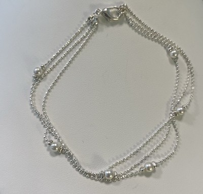 Silver Tone Multi-Strand Station Bracelet w/ Faux Pearls   8  Lobster Clasp