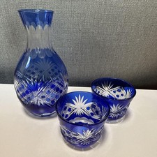 Edo Kiriko Blue Cut Glass Decanter  2 Glass Sake Set Unused Long-Stored