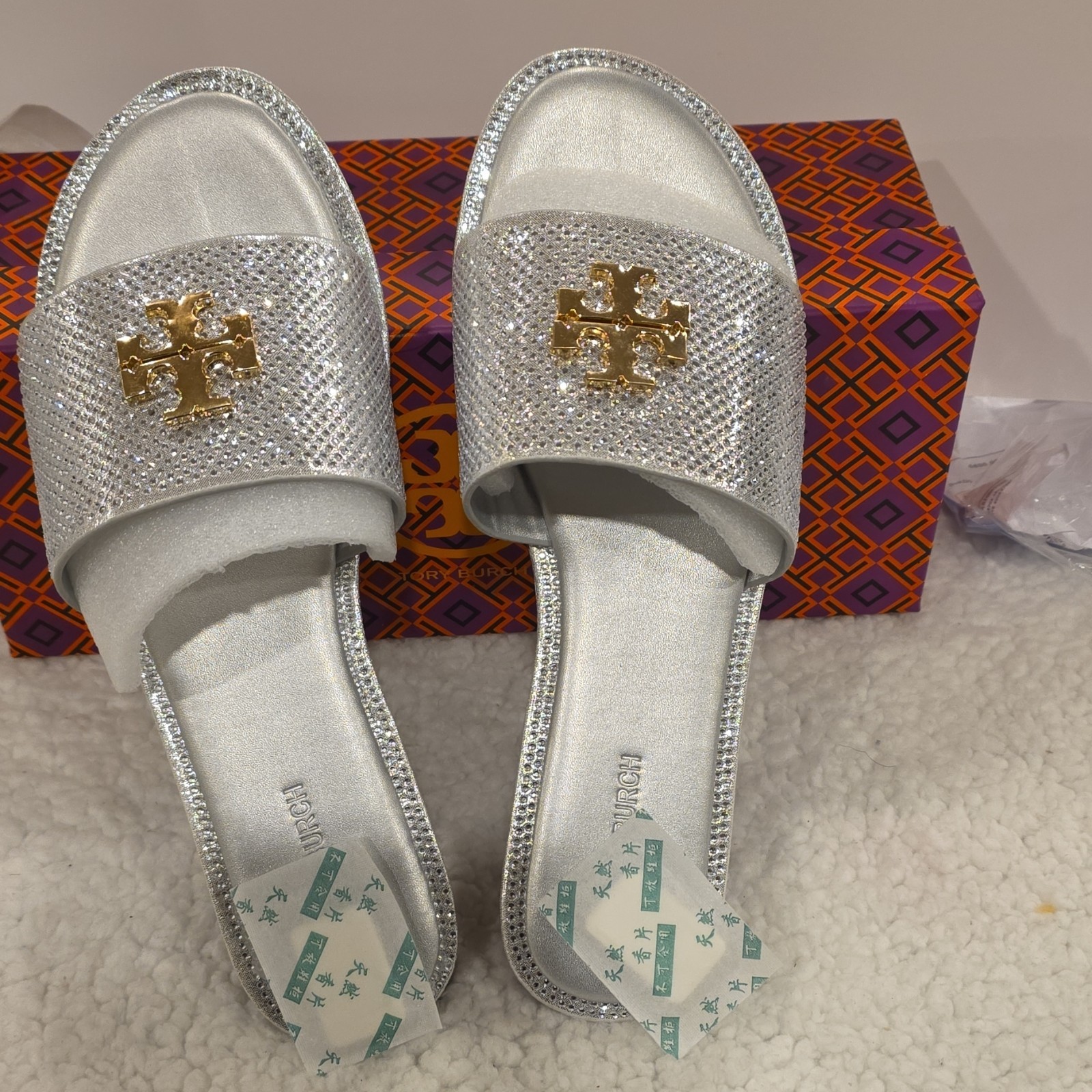 Tory Burch Silver Rhinestone Logo Slide Sandals Women's Size EU 40 Slip On thumbnail 7