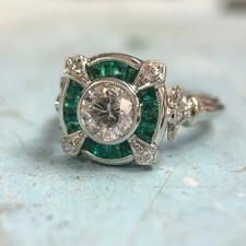 Art Deco Style Lab Created Diamond Emerald Anniversary 14K White Gold FN Ring