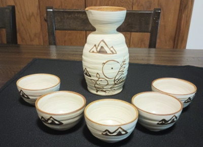 Vintage, Ceramic,  6 Piece, Tea Set,  Hand Painted, Signed, Carafe 6 In. Tall