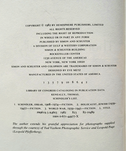 Schindler's List, Thomas Keneally HC 1982 True 1st US Edition, VG Condition - Imagen 7 de 13