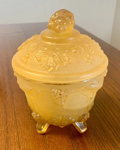 Vintage Jeanette Amberina Footed Glass Covered Candy Dish Compote Yellow