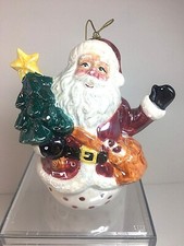 Waving Santa with Christmas Tree Ornament Ceramic 4"