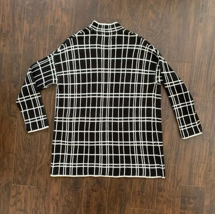 Cárdigan Suéter Largo Blazer Elle Mediano Negro Blanco Diseñador Bolsillos Cuadros Foto 3 de 4