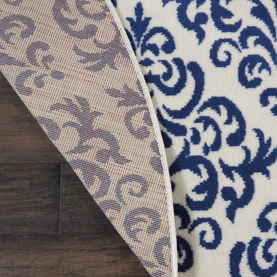 Nourison Grafix Damask White/Blue 8' x Round Area Rug, Easy Cleaning, Non - Image 4 of 4