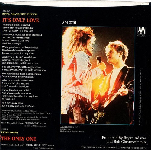 Bryan Adams and Tina Turner NM 45 rpm "It's Only Love" with picture sleeve - Picture 2 of 4