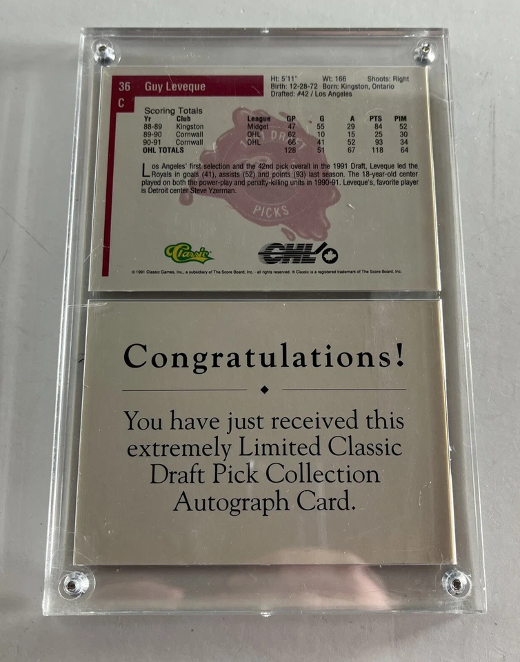 1991-92 Classic Guy Leveque Auto Autograph /1150 - Image 4 of 4